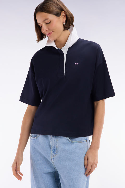 Short-sleeved jersey in navy Pima cotton, relaxed fit - Image 1