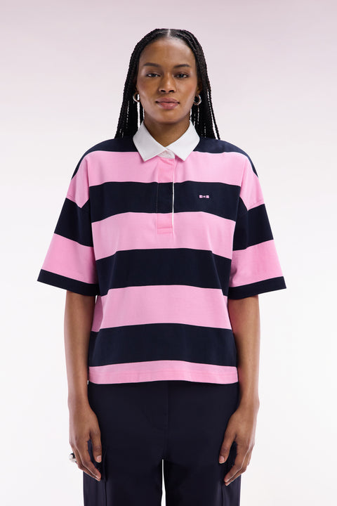 Navy blue and pink striped short-sleeved casual jersey - Image 3