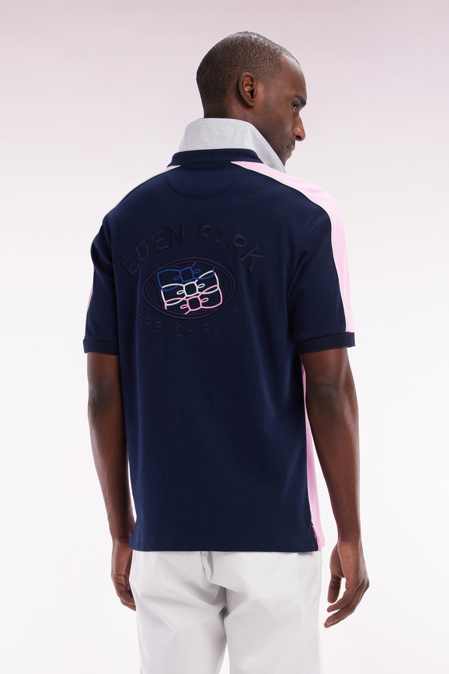Straight cut and sew short-sleeved rugby jersey in pink cotton