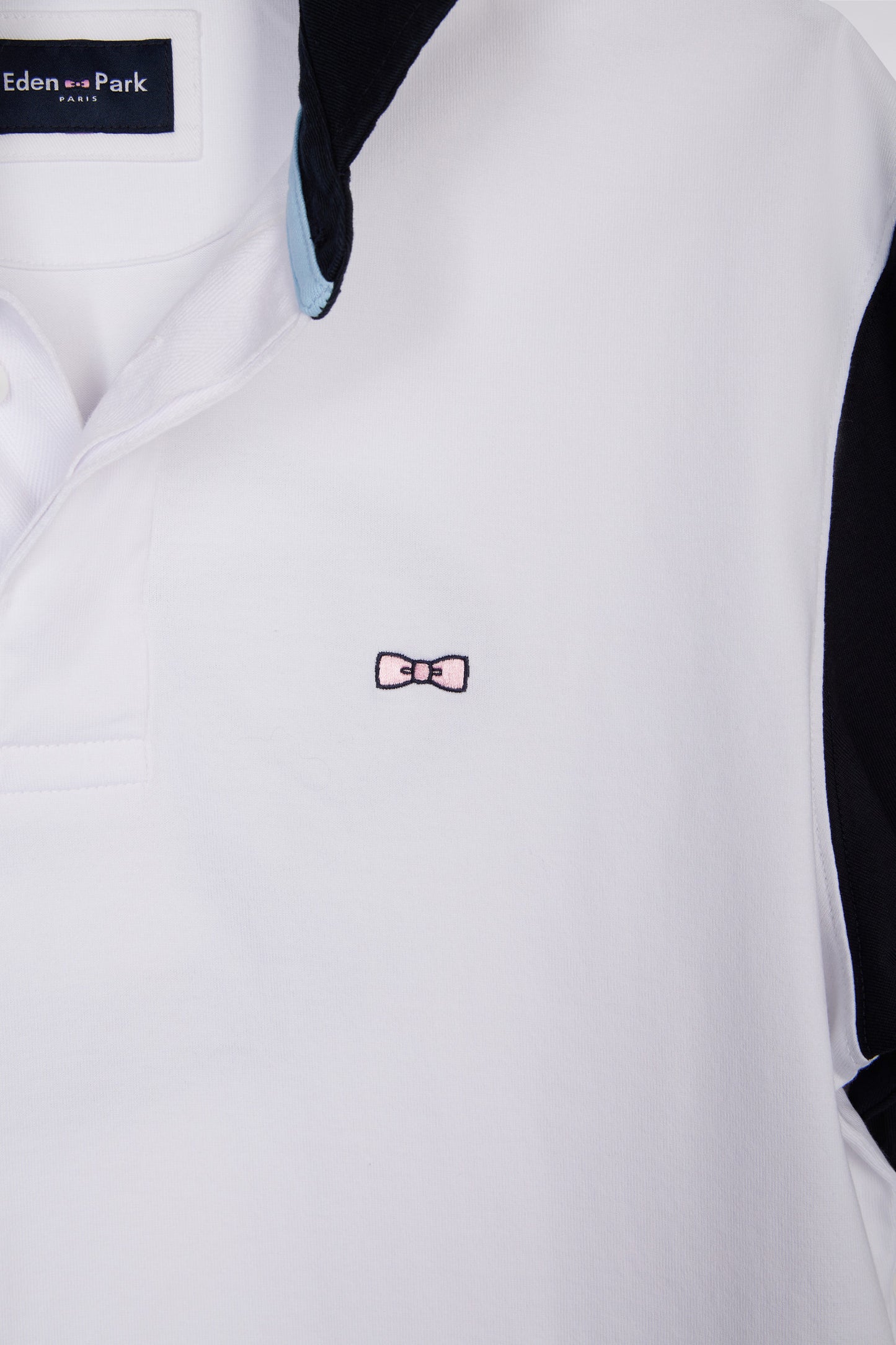 Straight-cut short-sleeved rugby shirt in navy and white cotton with back embroidery