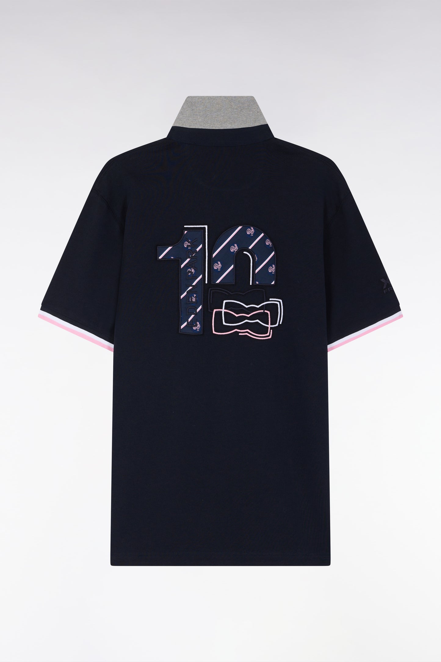 Straight-fit short-sleeved rugby shirt in navy and grey cotton with back embroidery