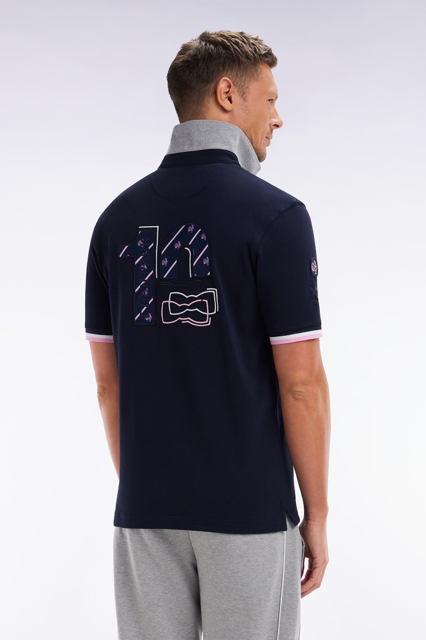 Straight-fit short-sleeved rugby shirt in navy and grey cotton with back embroidery