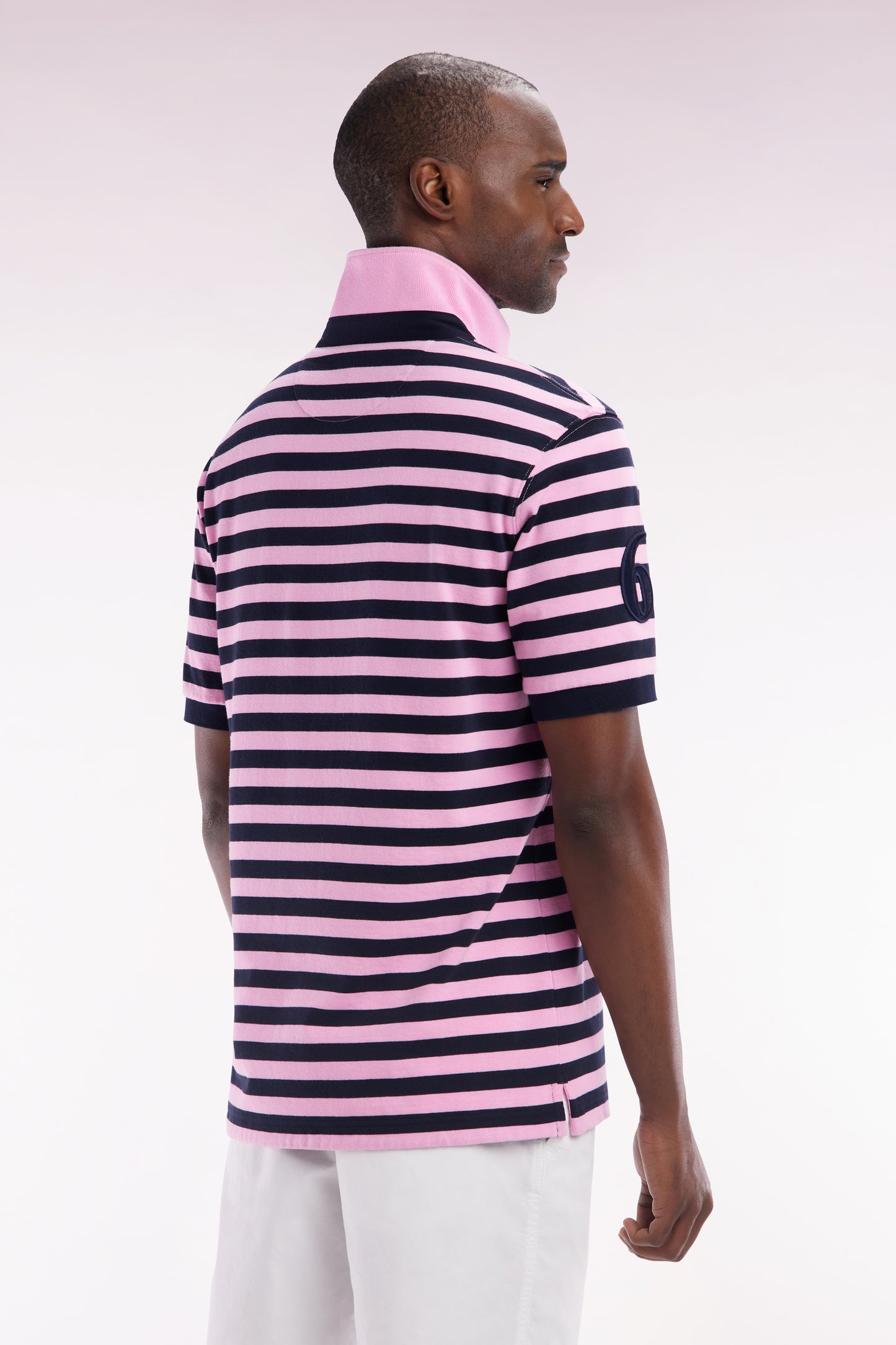 6 Nations straight-fit navy and pink striped short-sleeved rugby shirt