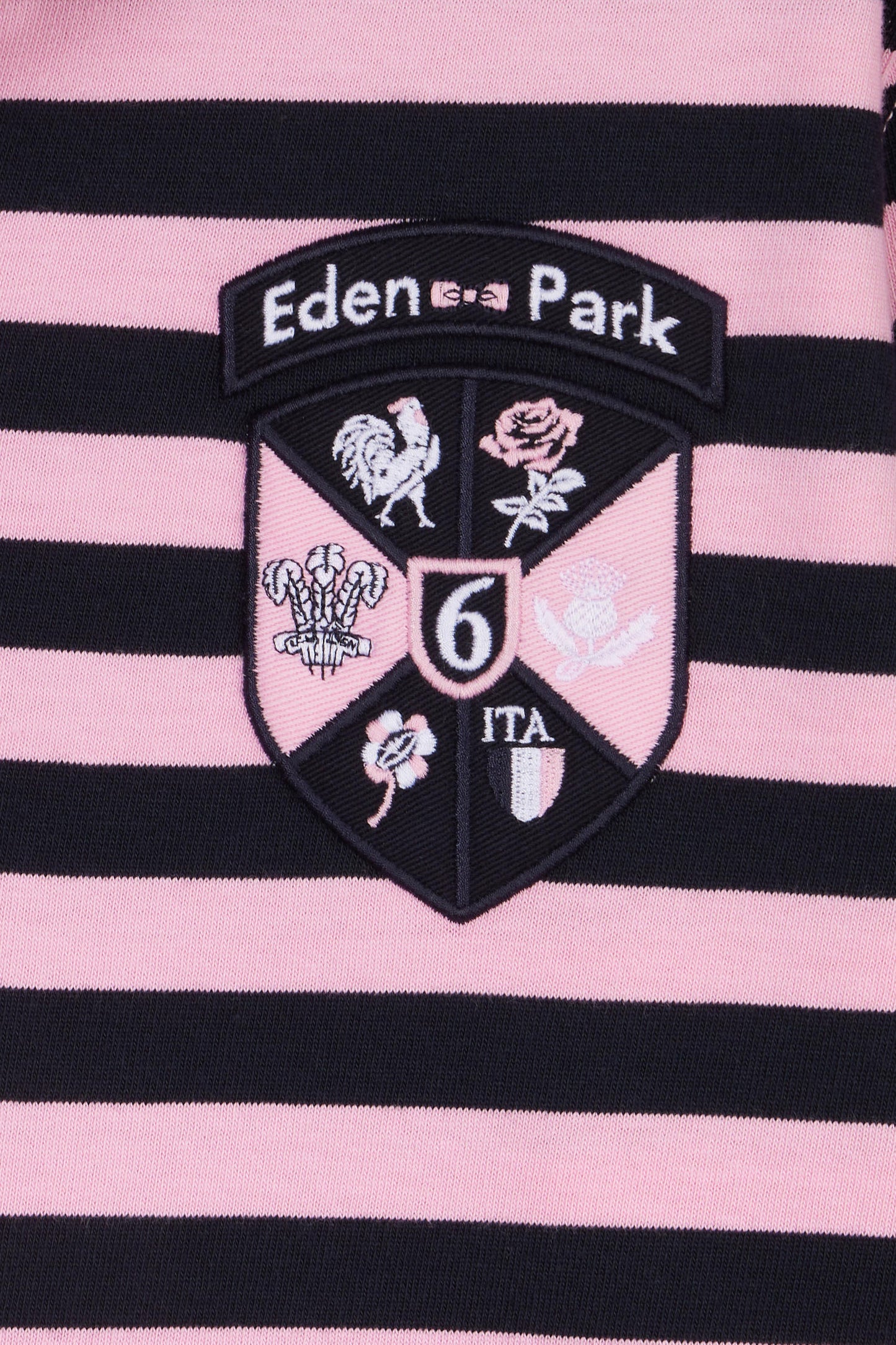 6 Nations straight-fit navy and pink striped short-sleeved rugby shirt
