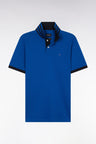 Straight-cut short-sleeved polo shirt in dark blue Pima cotton piqué with striped under collar