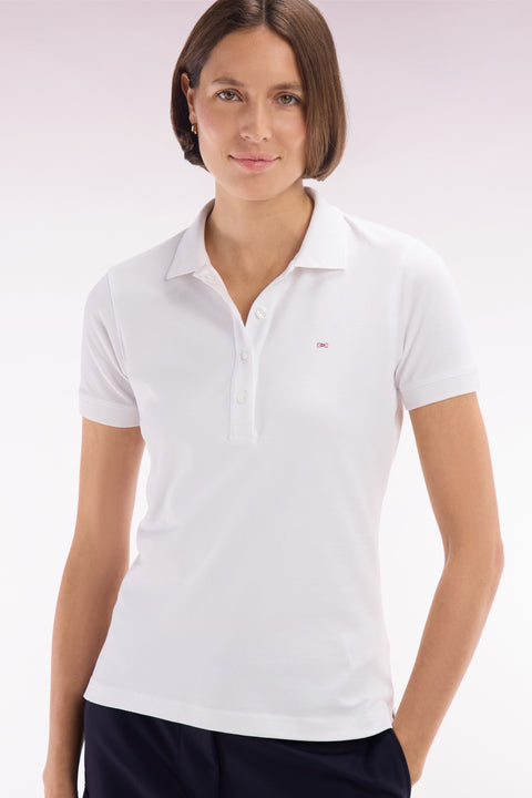 Slim-fit short-sleeved polo shirt in white stretch cotton piqué - Image 1