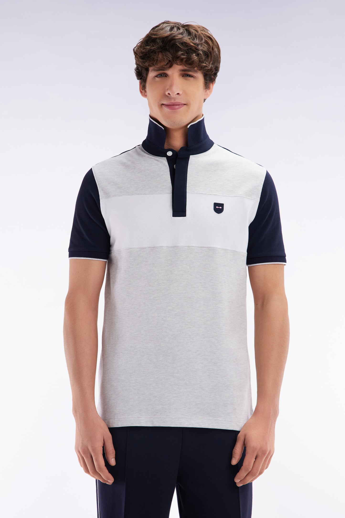 Slim-fit short-sleeved polo shirt in grey stretch cotton with contrasted stripe