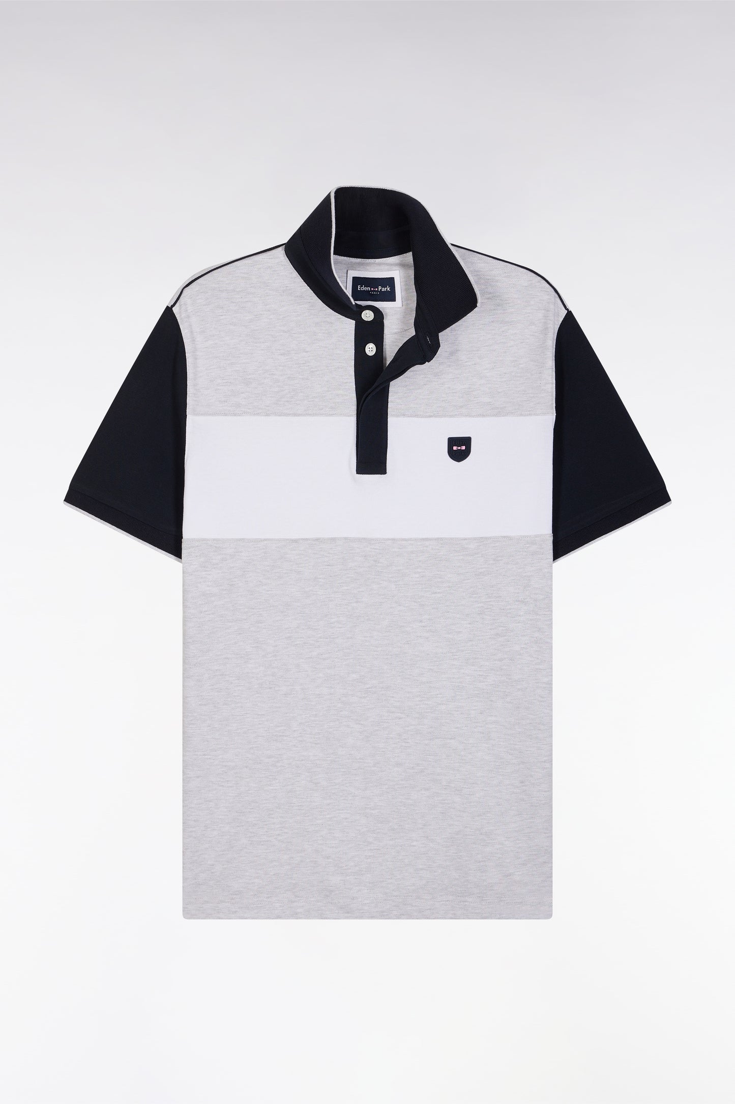 Slim-fit short-sleeved polo shirt in grey stretch cotton with contrasted stripe