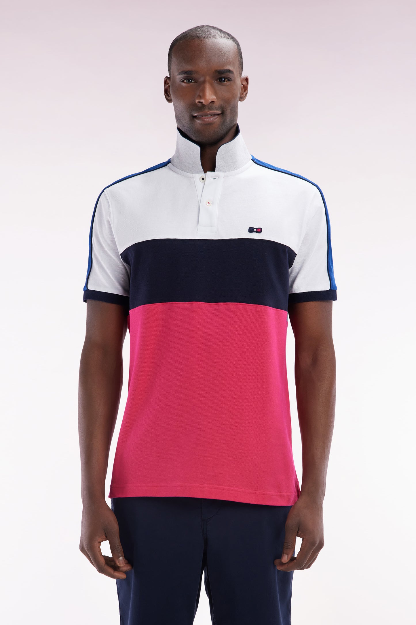 Straight-fit short-sleeved polo shirt in navy white and fuchsia tricolor cotton
