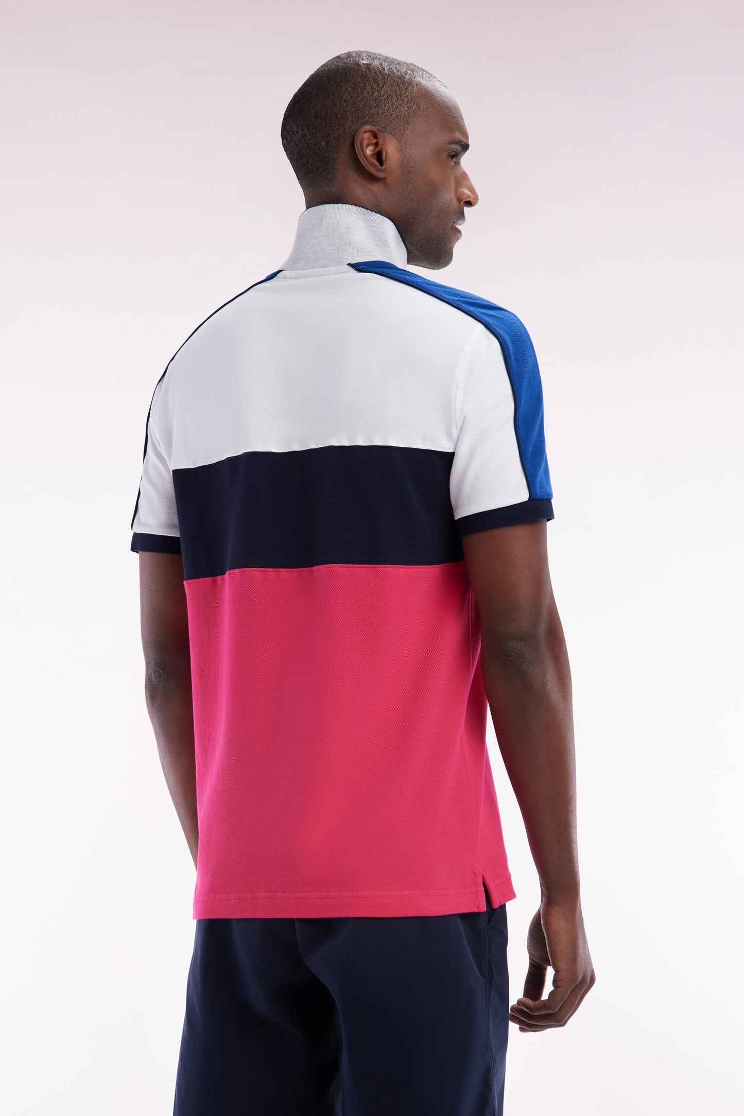 Straight-fit short-sleeved polo shirt in navy white and fuchsia tricolor cotton