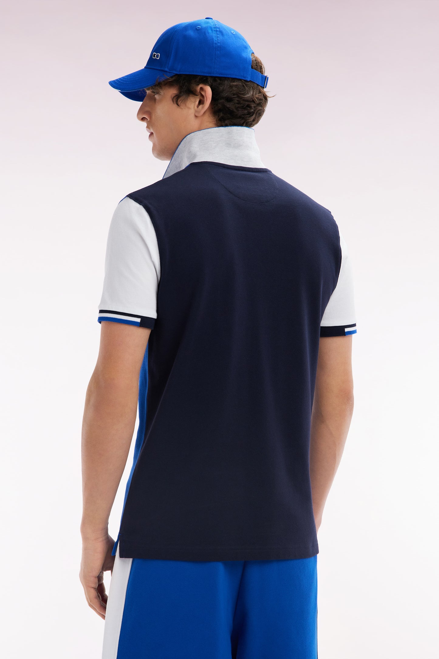 Straight-fit short-sleeved colorblock polo shirt in navy cotton