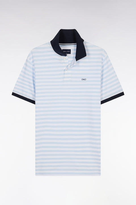 Slim-fit short-sleeved sailor polo shirt in sky blue striped stretch cotton - Image 2