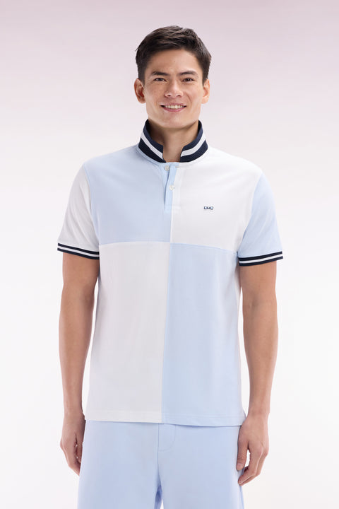 Relaxed-fit cut and sew short-sleeved polo shirt in sky blue cotton - Image 1