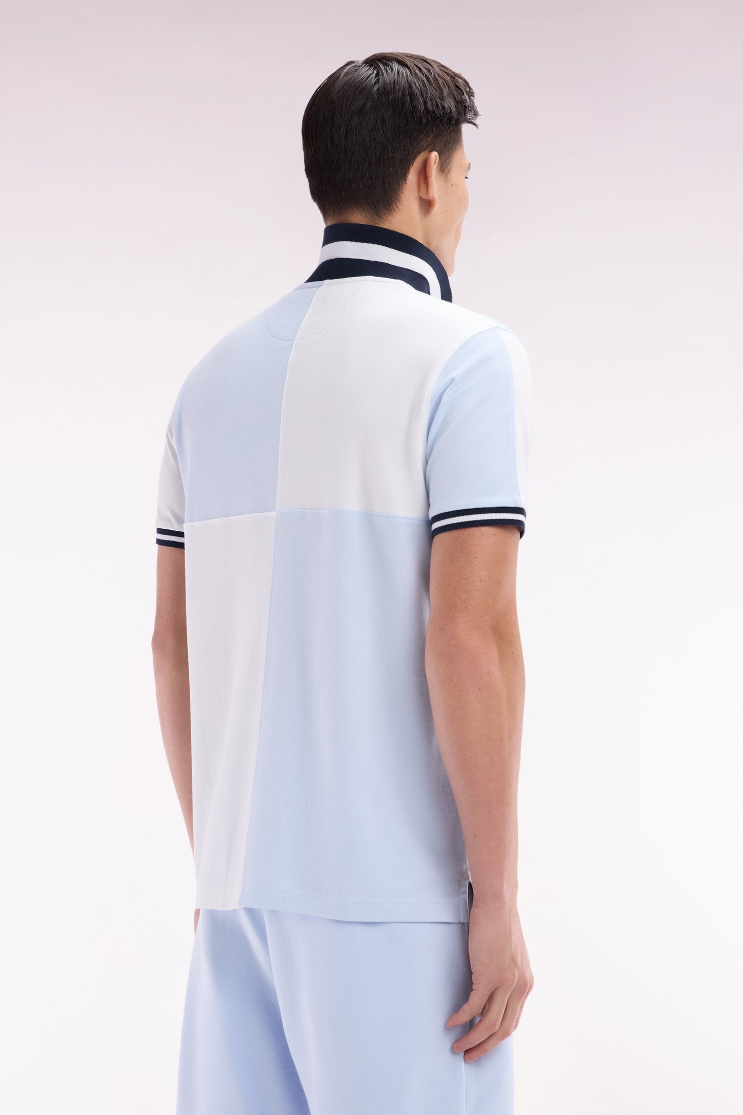 Relaxed-fit cut and sew short-sleeved polo shirt in sky blue cotton