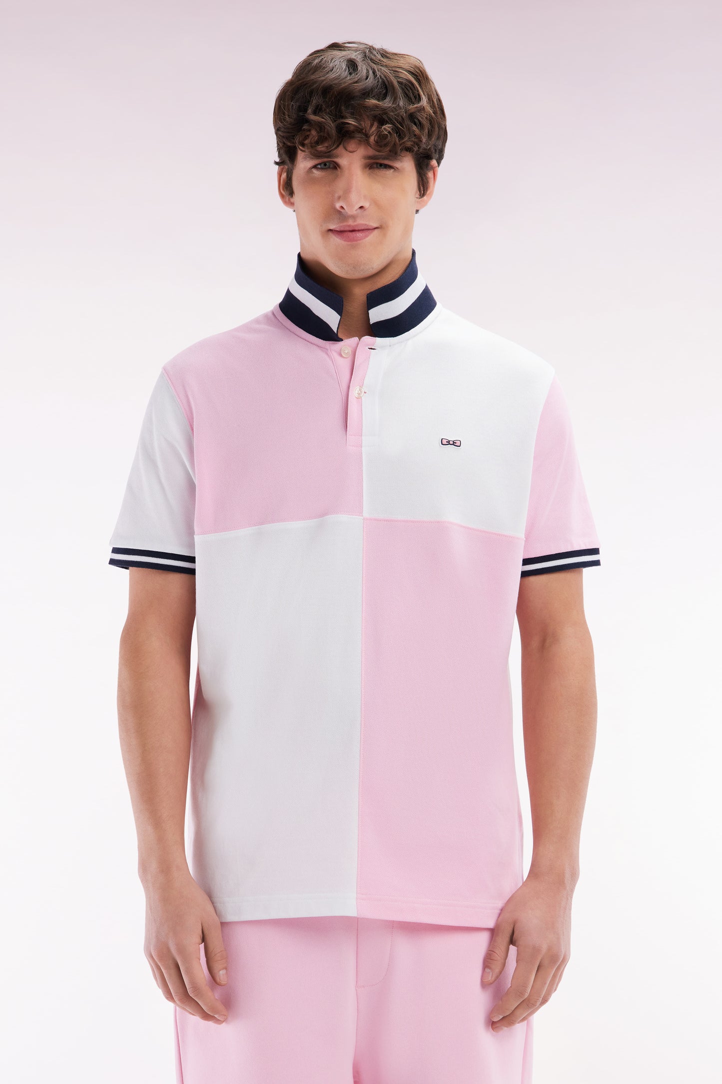 Relaxed-fit cut and sew short-sleeved polo shirt in pink cotton