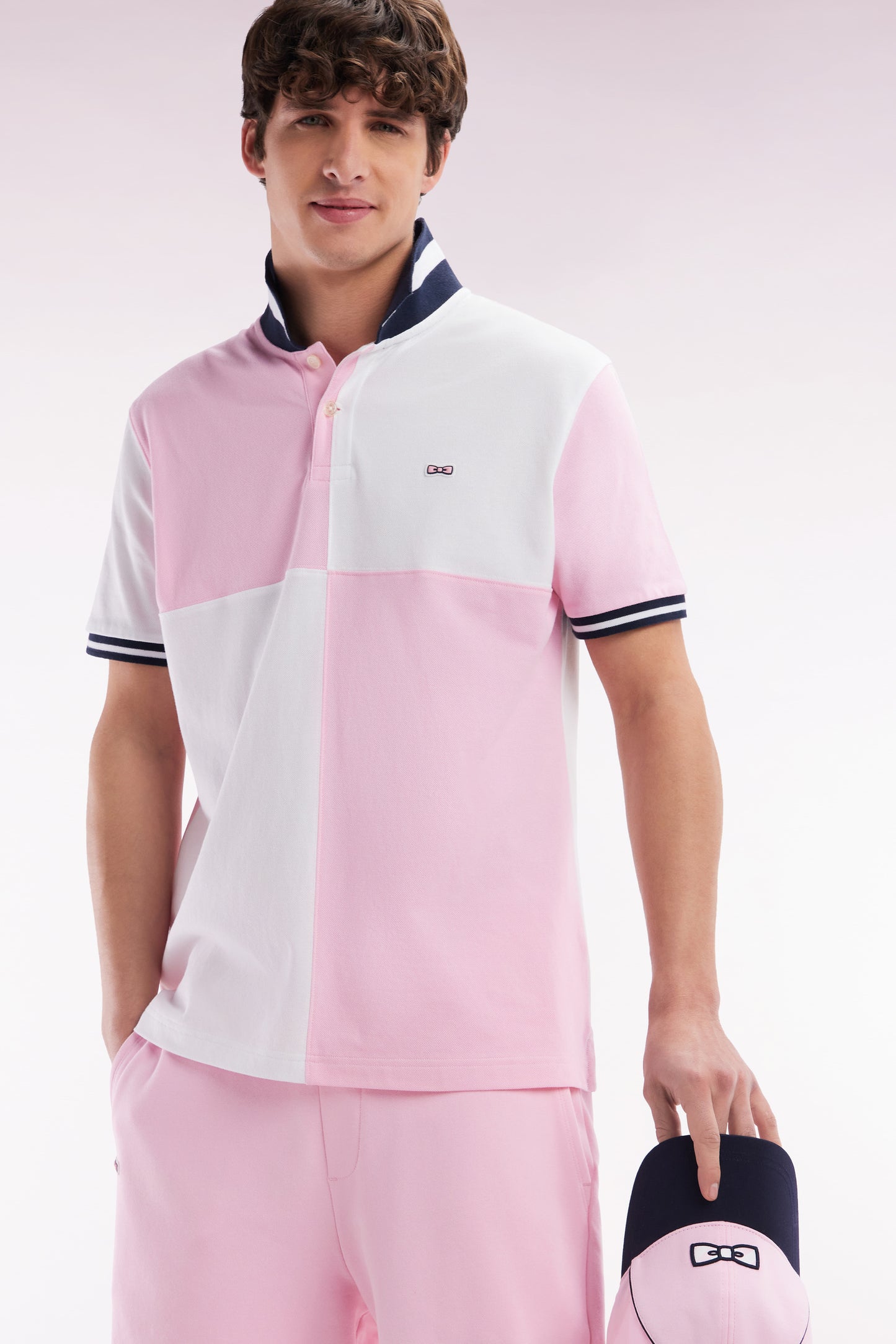 Relaxed-fit cut and sew short-sleeved polo shirt in pink cotton