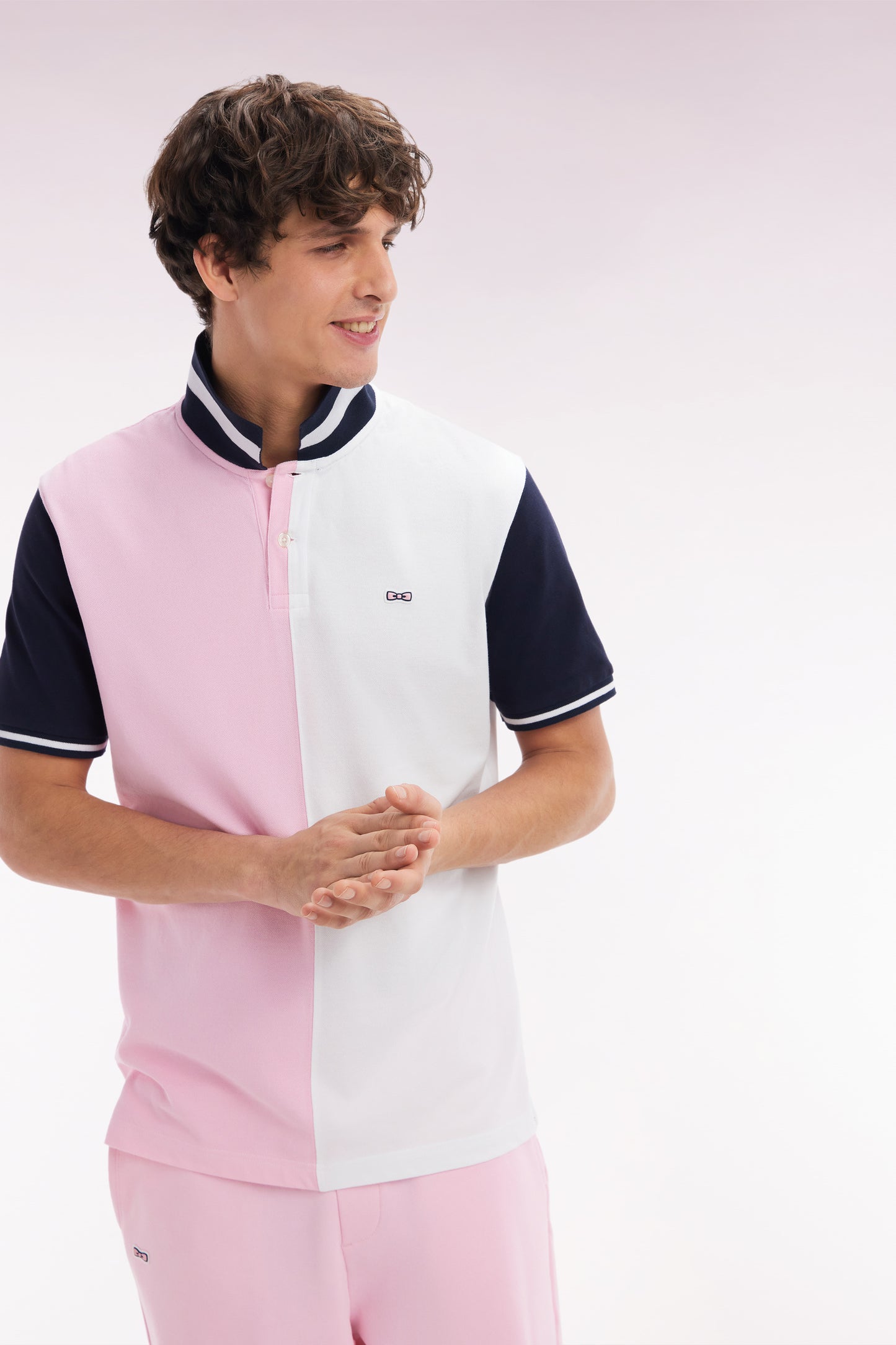 Relaxed-fit two-tone pink and white short-sleeved cotton polo shirt