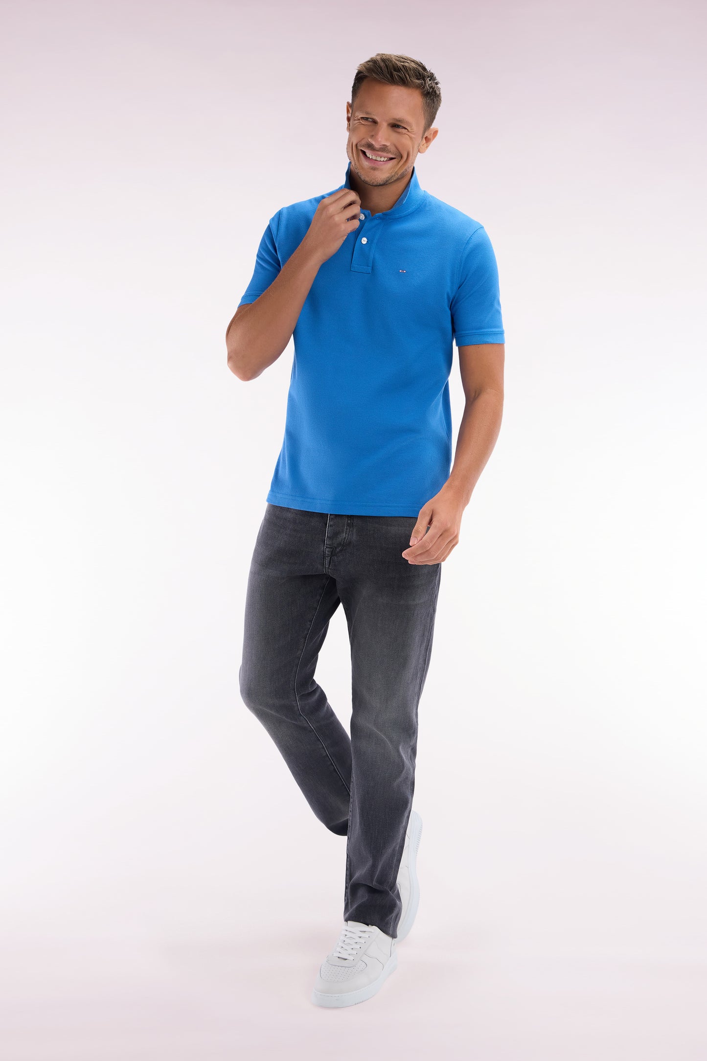 Straight-fit short-sleeved polo shirt in blue Pima cotton