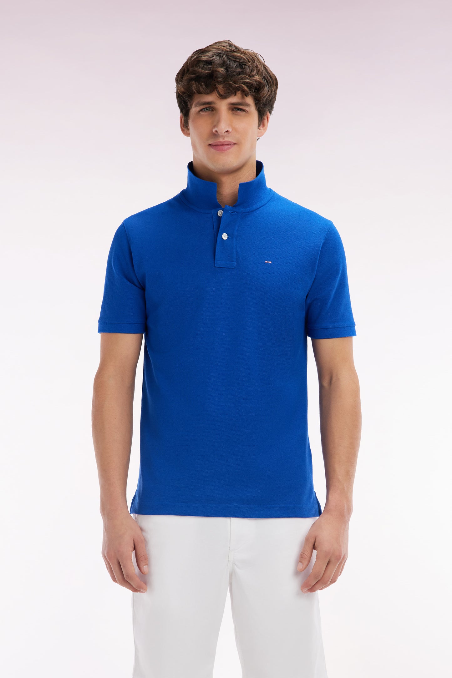 Straight-fit short-sleeved polo shirt in dark blue Pima cotton