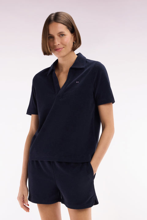 Short-sleeved polo shirt in navy cotton blend - Image 1