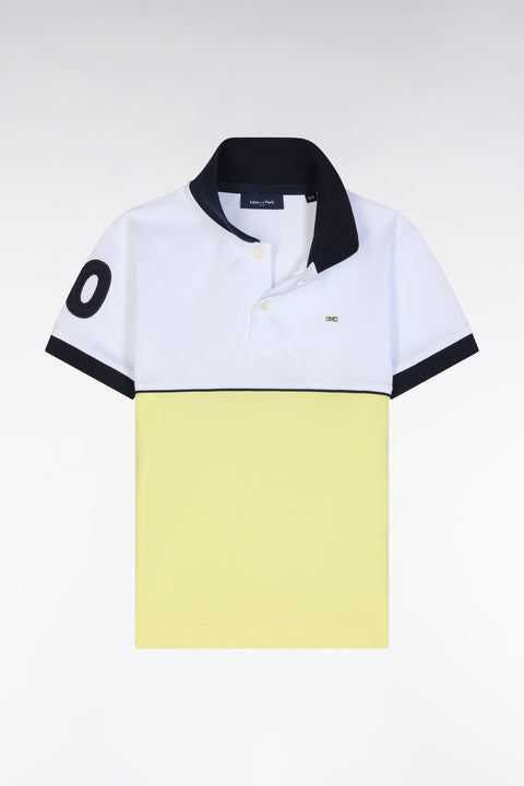 Straight-fit two-tone short-sleeved polo shirt in yellow cotton with number 10 embroidery - Image 1