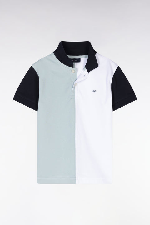 Straight-fit short-sleeved polo shirt in navy white and green tricolor cotton piqué - Image 1
