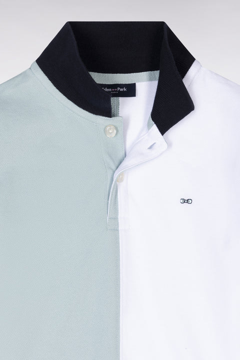 Straight-fit short-sleeved polo shirt in navy white and green tricolor cotton piqué - Image 2