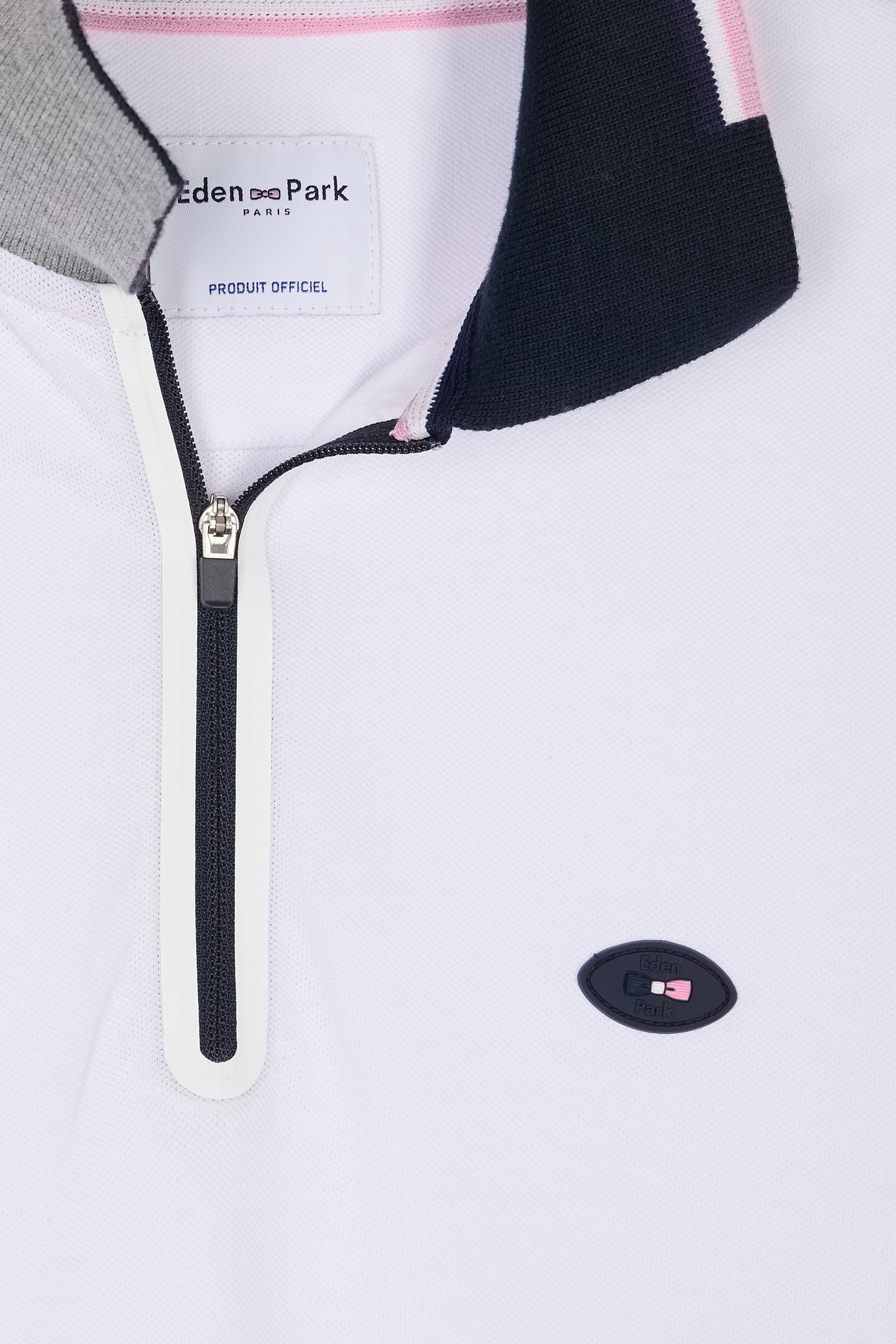 Slim-fit short-sleeved polo shirt in white stretch cotton with zipped collar