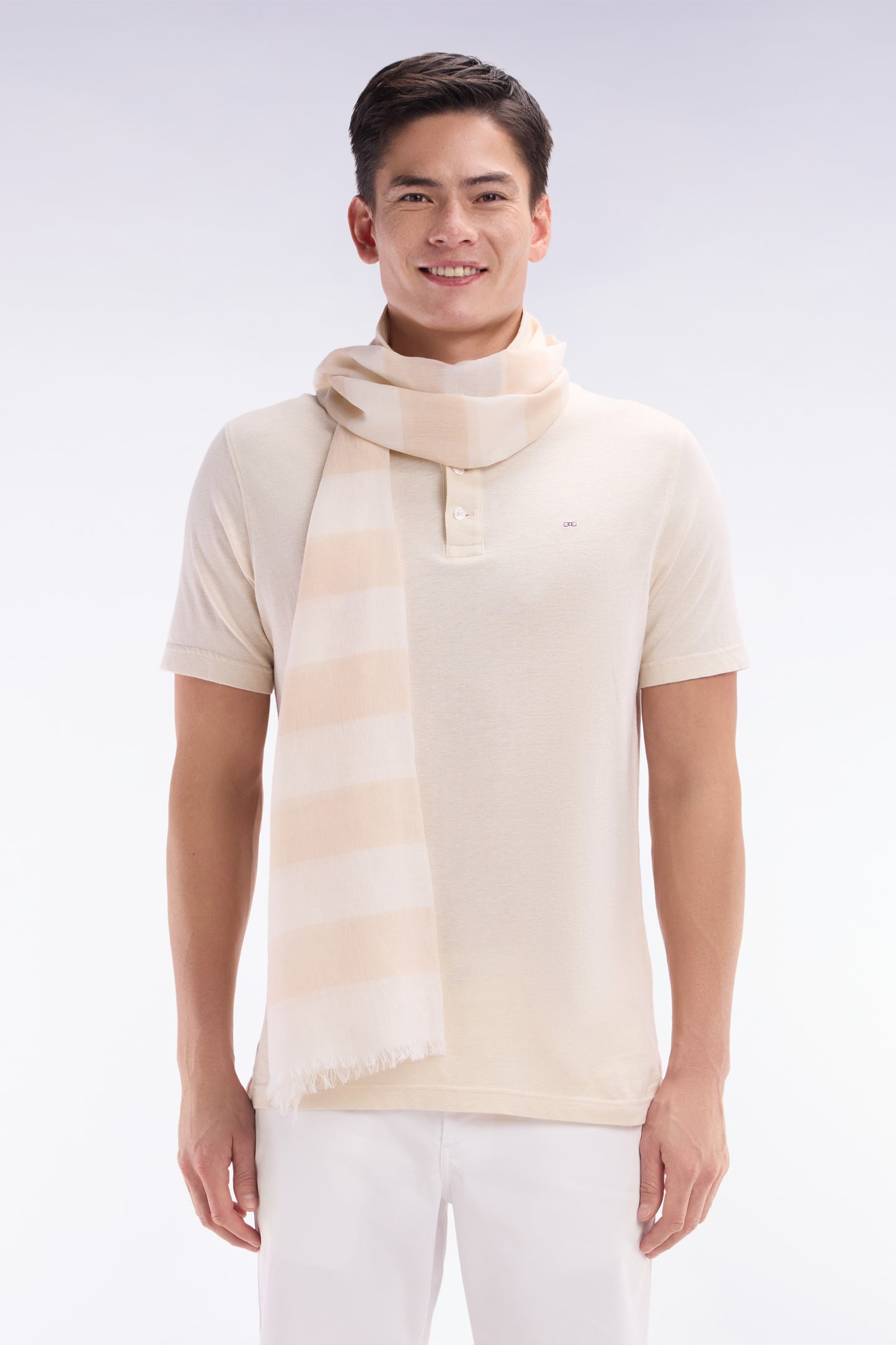 Straight-fit short-sleeved polo shirt in cream cotton-linen blend