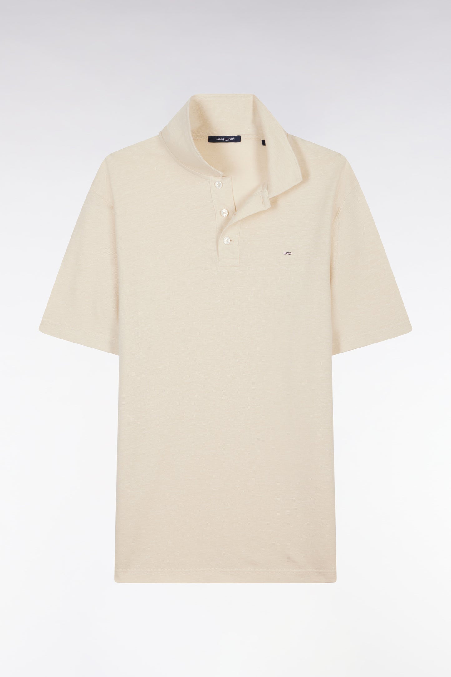 Straight-fit short-sleeved polo shirt in cream cotton-linen blend