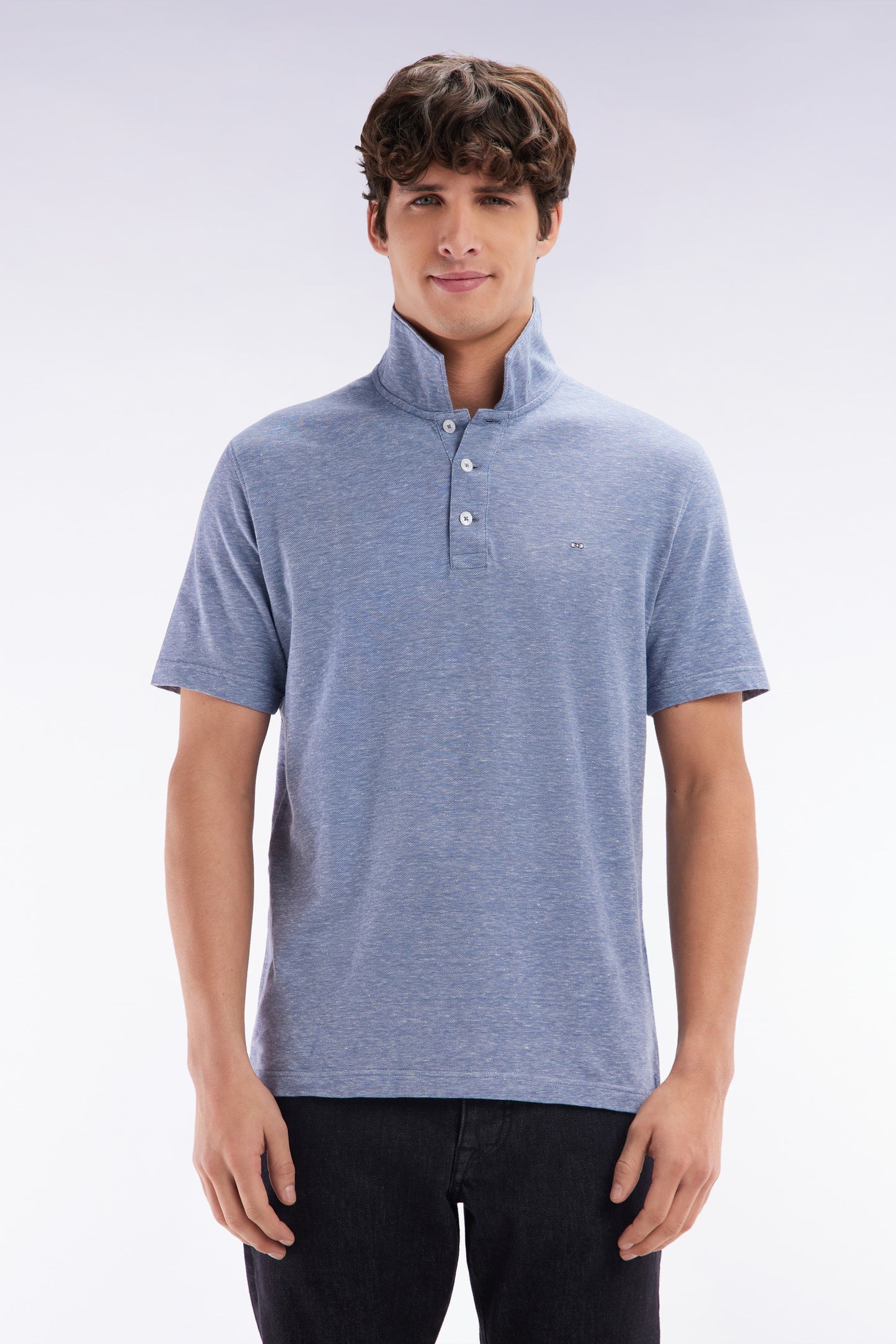 Straight-fit short-sleeved polo shirt in dark grey cotton-linen blend