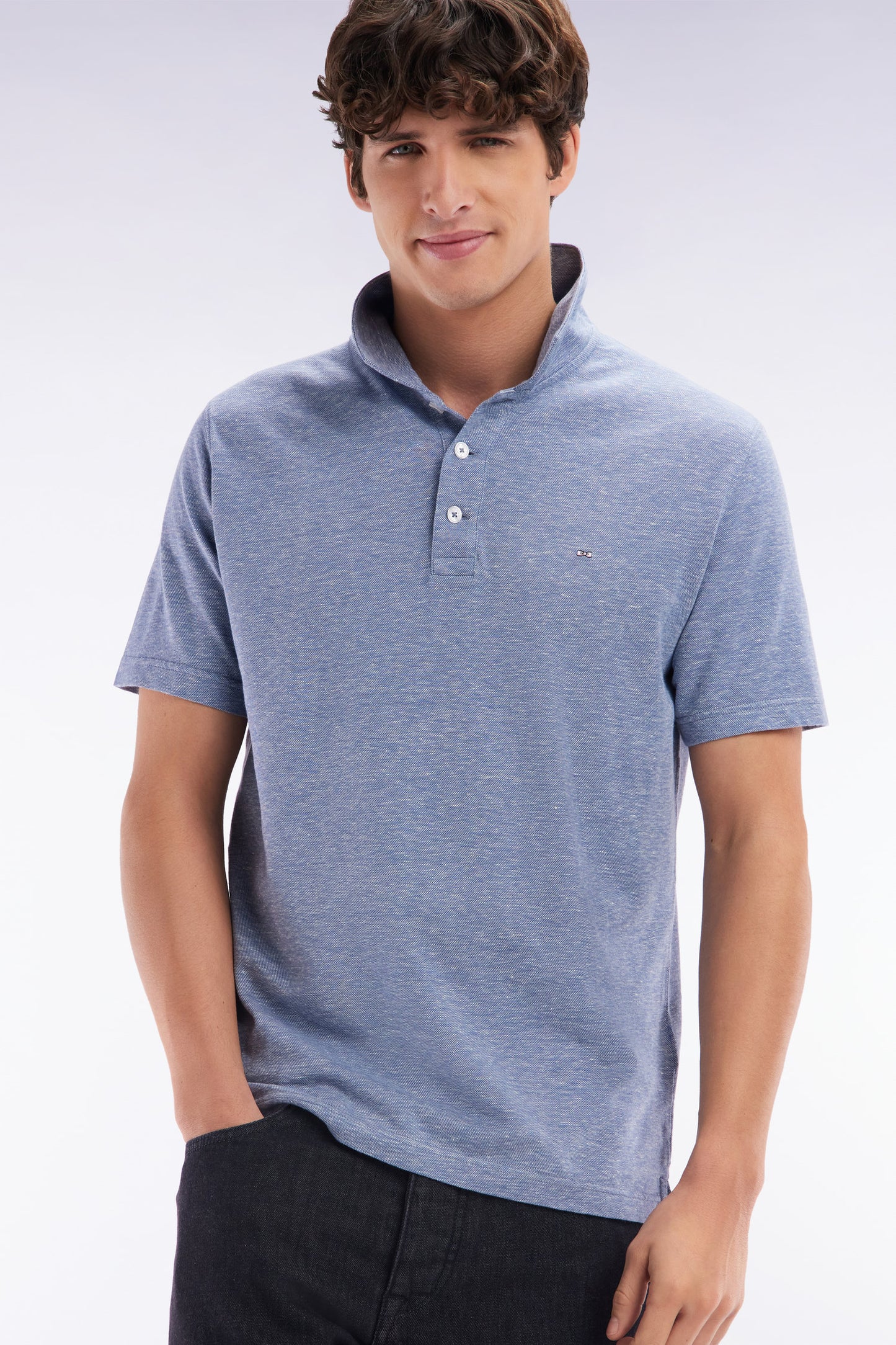 Straight-fit short-sleeved polo shirt in dark grey cotton-linen blend