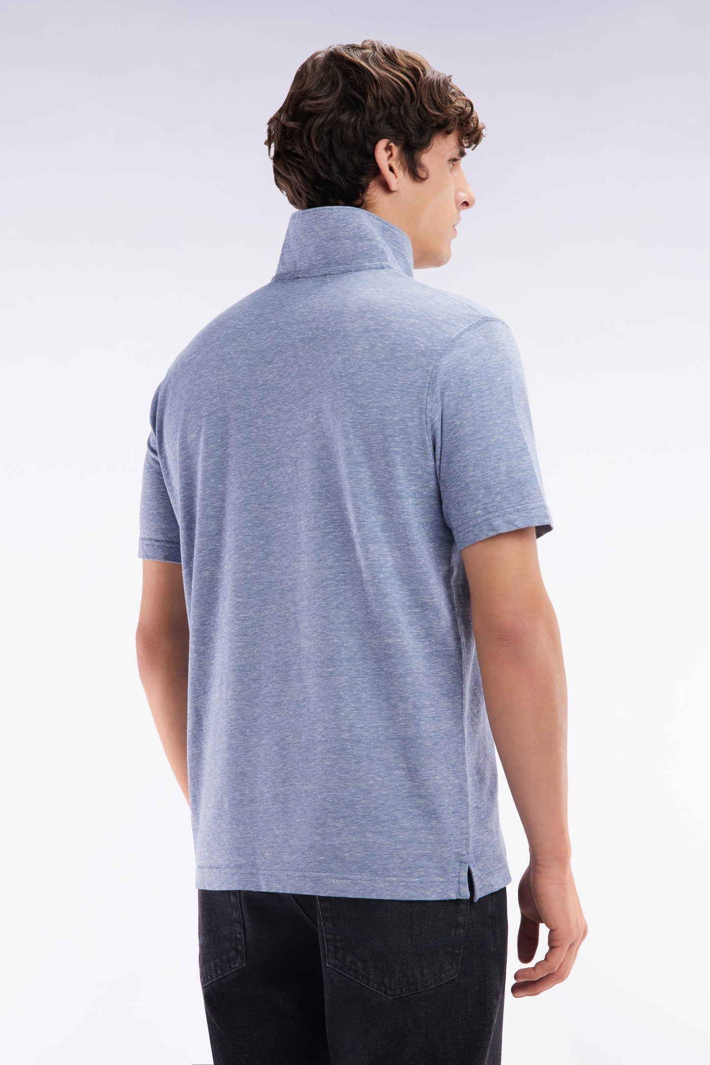 Straight-fit short-sleeved polo shirt in dark grey cotton-linen blend