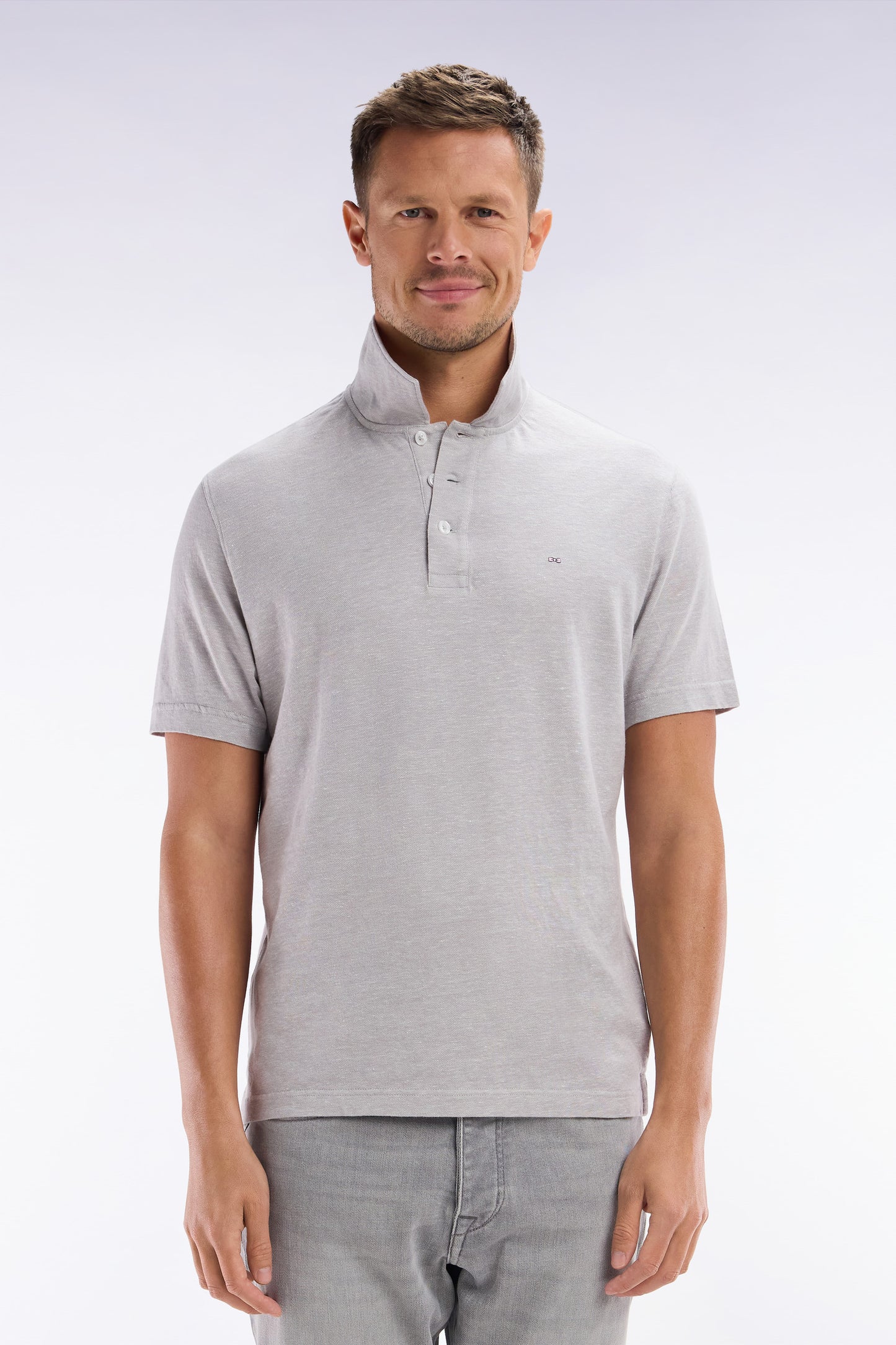 Straight-fit short-sleeved polo shirt in light grey cotton-linen blend