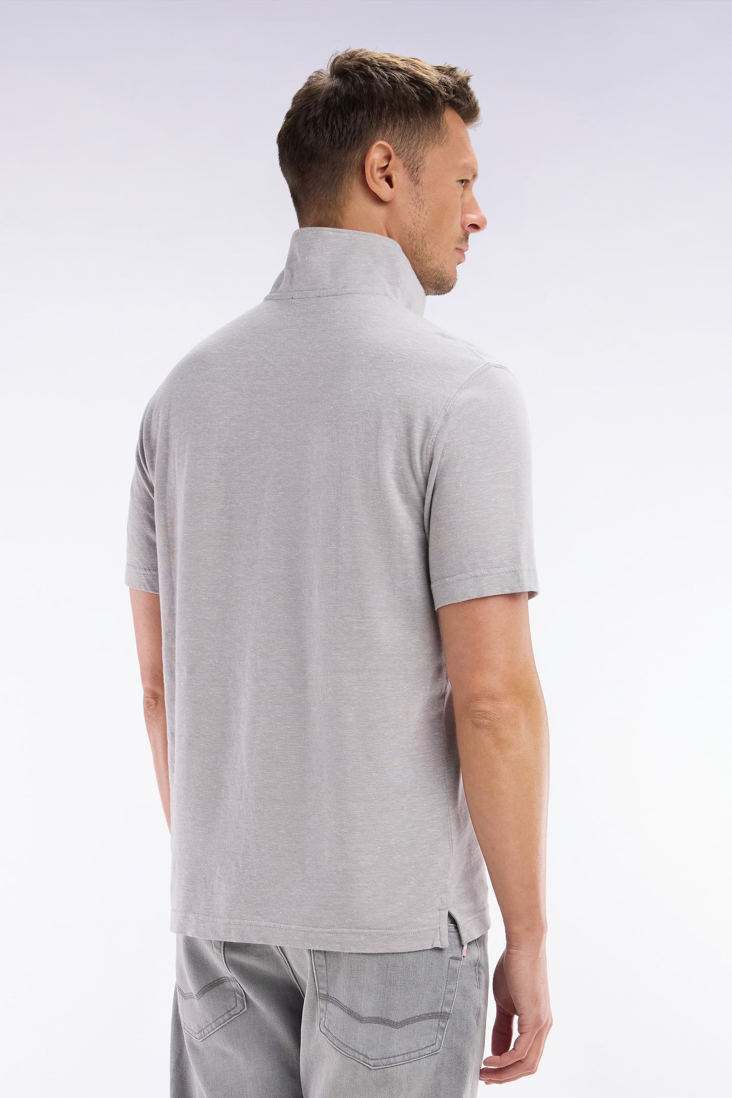 Straight-fit short-sleeved polo shirt in light grey cotton-linen blend
