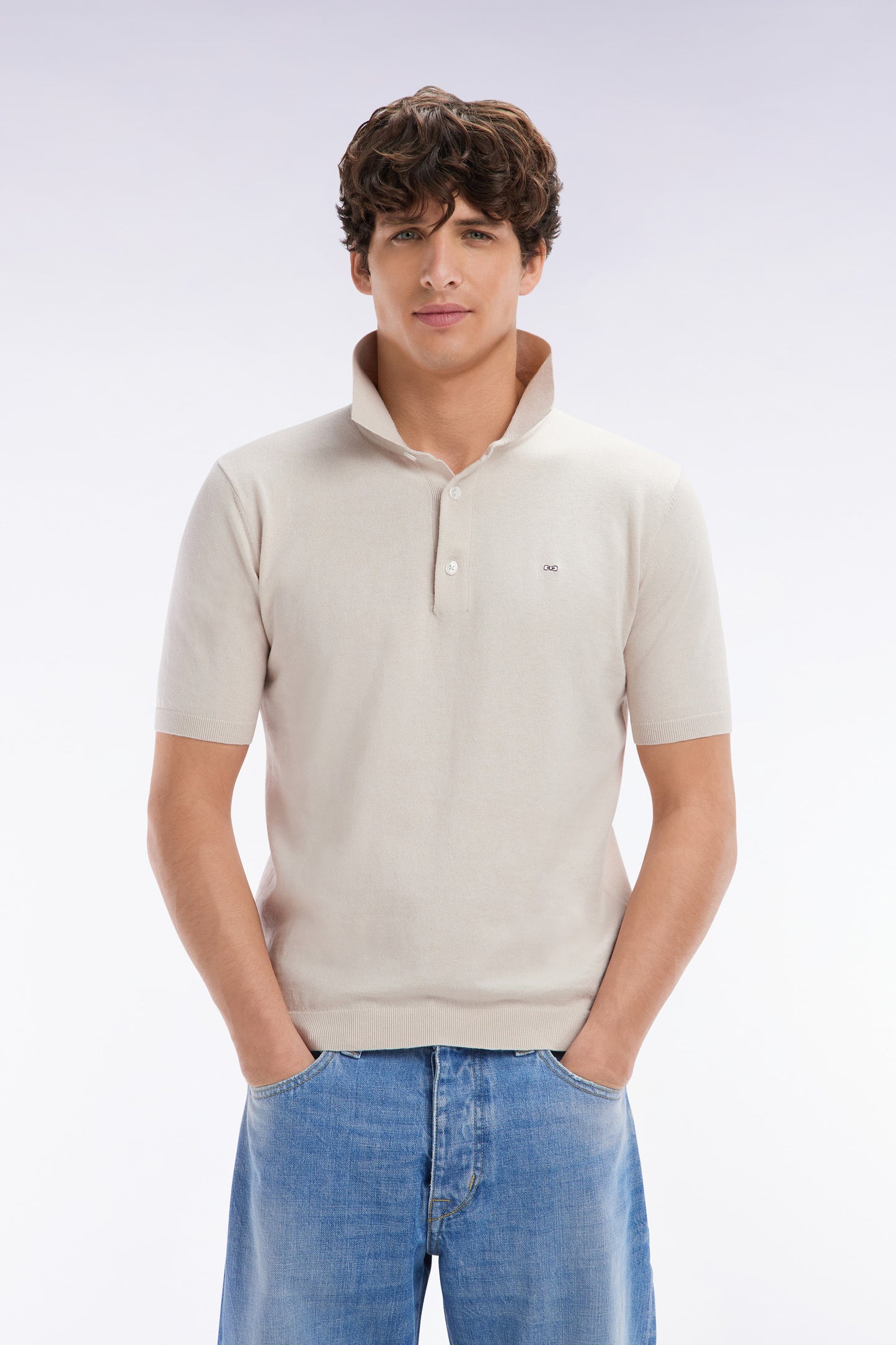 Straight-fit beige cotton-silk-blend polo neck jumper