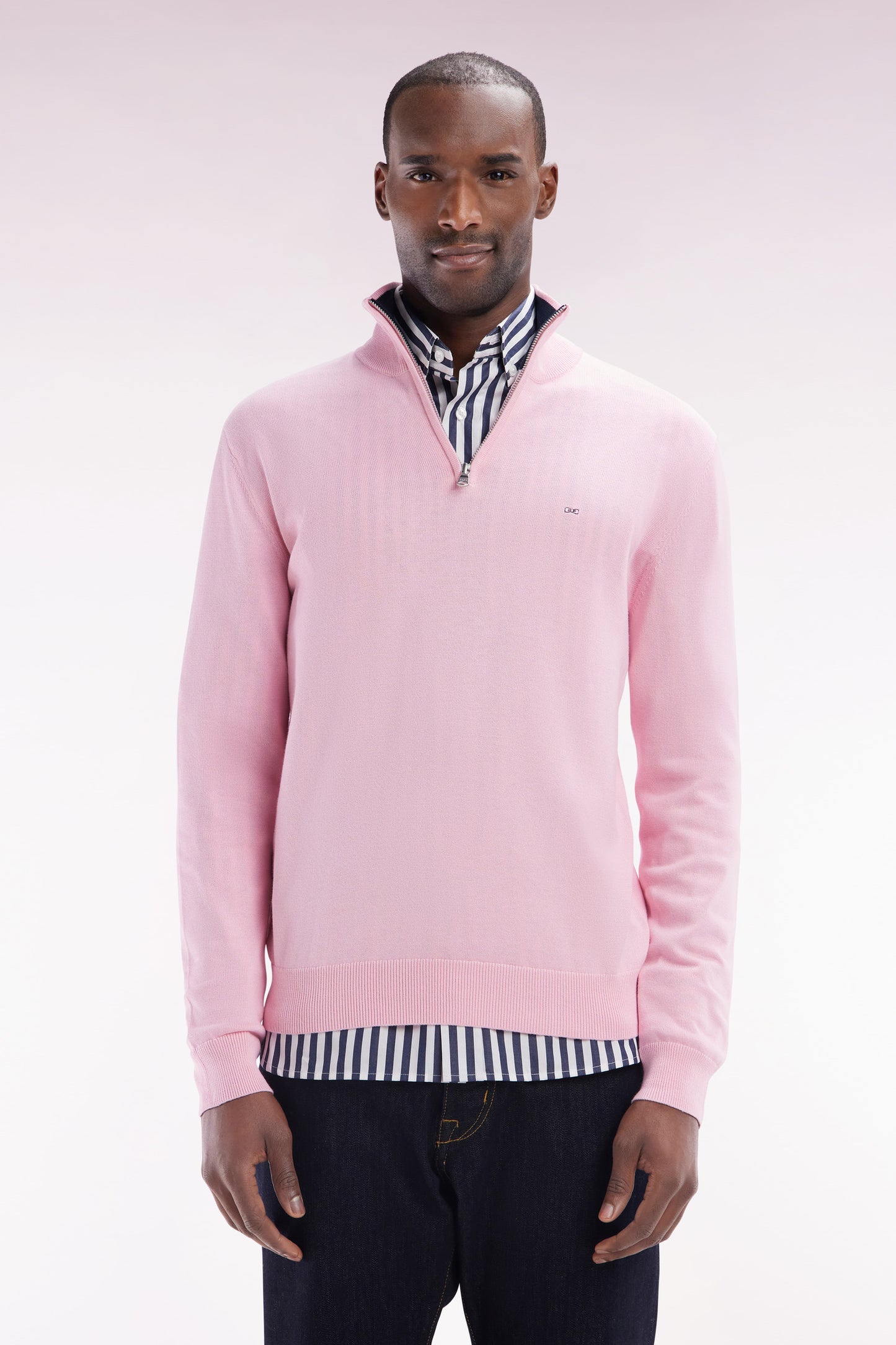 Straight-fit pink cotton trucker collar jumper