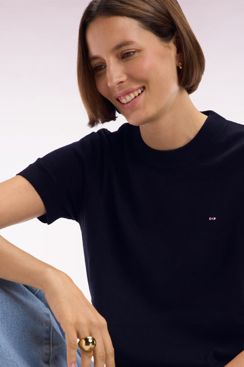 Straight-fit short-sleeved round-neck navy jumper in organic cotton cashmere blend - Image 1