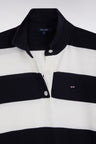Relaxed-fit striped navy jumper with a rugby shirt collar in organic cotton and cashmere blend