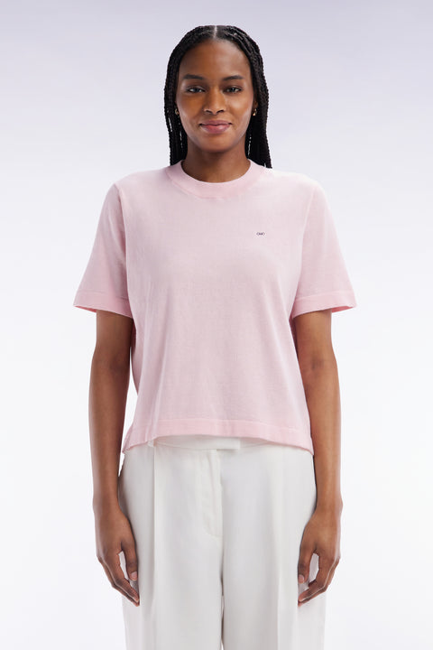 Relaxed-fit short-sleeved round-neck jumper in pink cotton-silk thin blend - Image 3