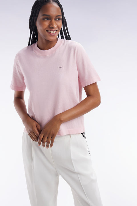 Relaxed-fit short-sleeved round-neck jumper in pink cotton-silk thin blend - Image 1