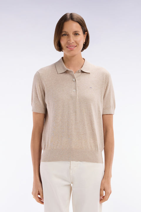 Straight-fit short-sleeved beige jumper with polo collar - Image 3