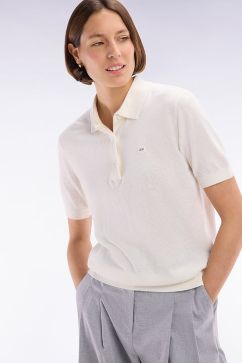 Straight-fit short-sleeved ecru jumper with polo collar - Image 1