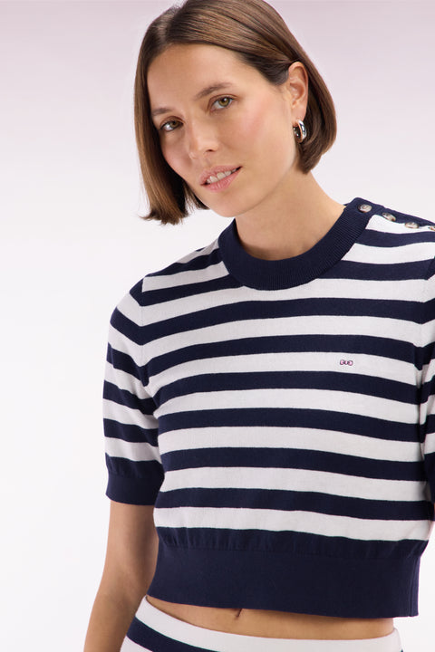 Straight-fit round-neck navy sailor jumper in organic cotton and cashmere - Image 1