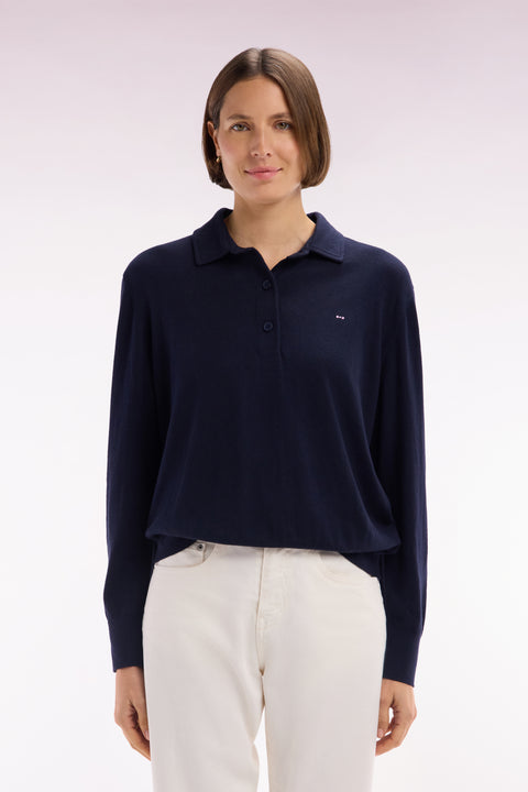Relaxed-fit navy rugby shirt collar jumper in organic cotton and cashmere blend - Image 2