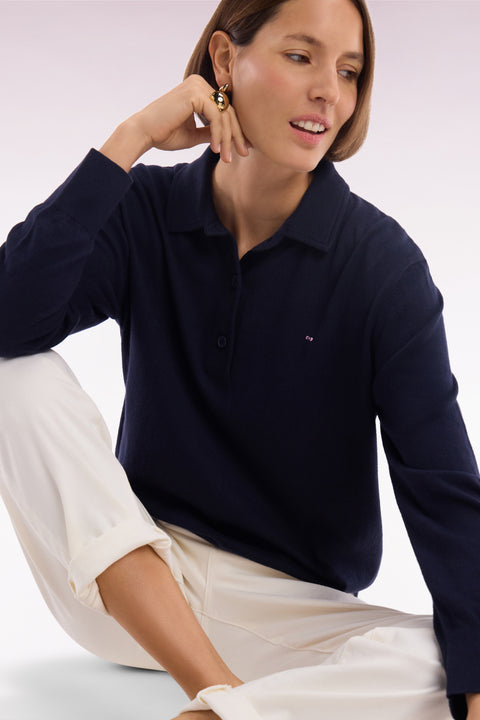 Relaxed-fit navy rugby shirt collar jumper in organic cotton and cashmere blend - Image 1