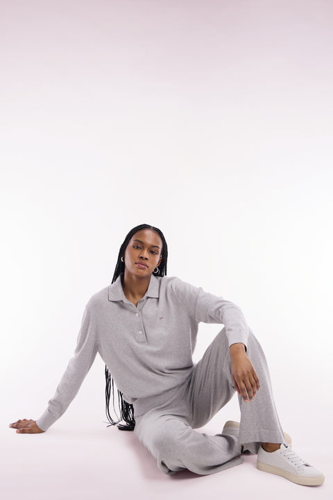 Relaxed-fit grey rugby shirt collar jumper in organic cotton and cashmere blend - Image 1