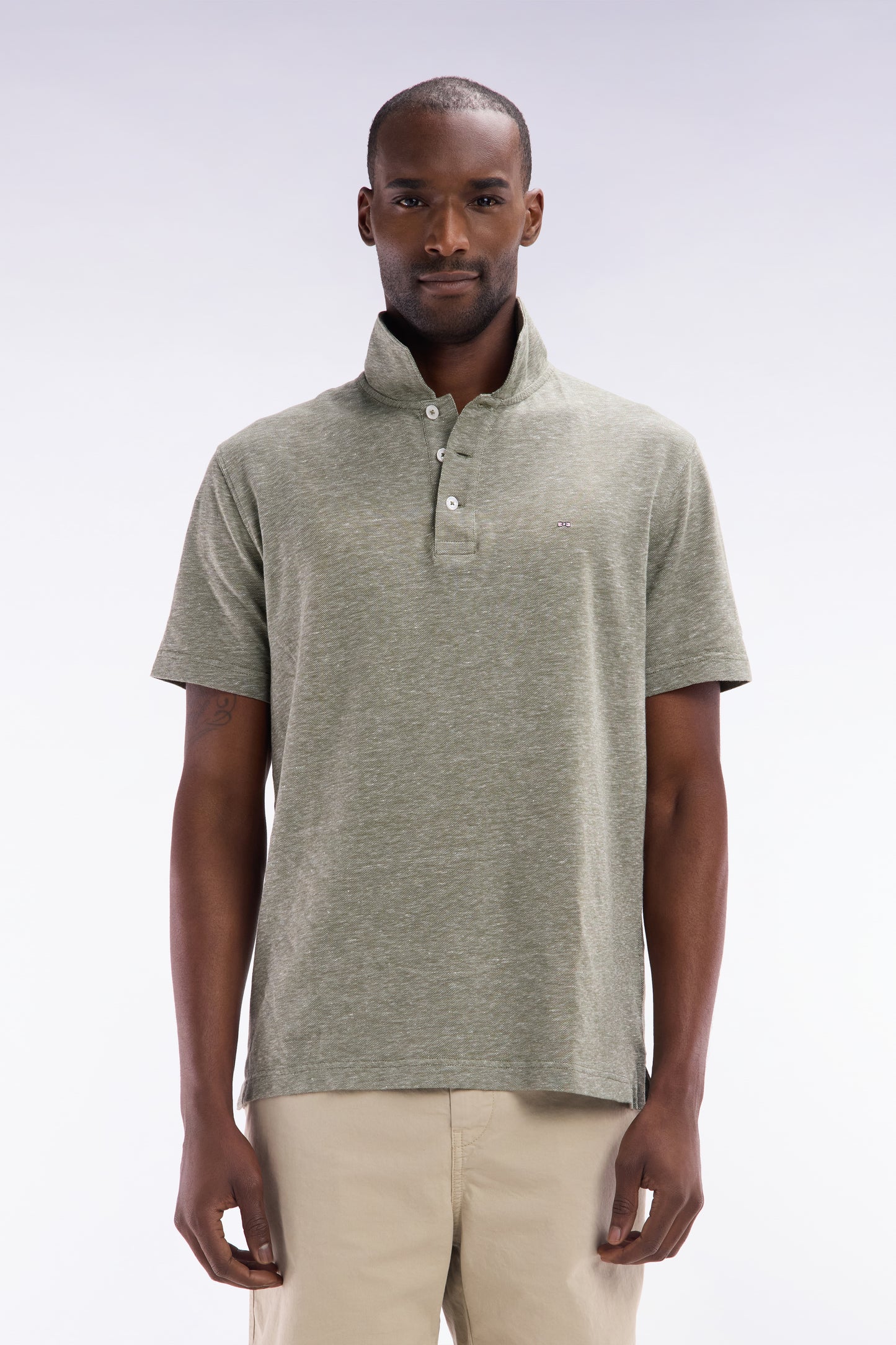 Straight-fit short-sleeved polo shirt in khaki cotton-linen blend