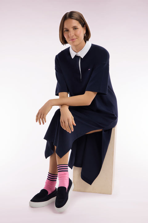 Navy Pima cotton jersey dress with white collar, relaxed fit - Image 1