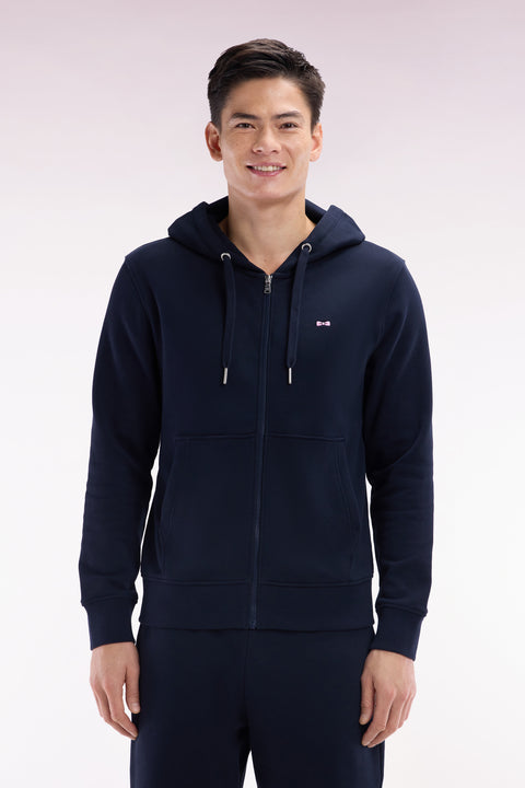 Straight-fit navy cotton fleece zip-up sweatshirt - Image 1